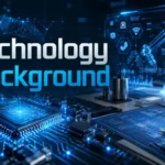 Futuristic Technology Background featuring glowing microchip circuits holographic interfaces and digital engineering workspace in neon blue and silver tones representing innovation and modern technology trends.