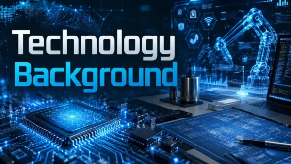 Futuristic Technology Background featuring glowing microchip circuits holographic interfaces and digital engineering workspace in neon blue and silver tones representing innovation and modern technology trends.