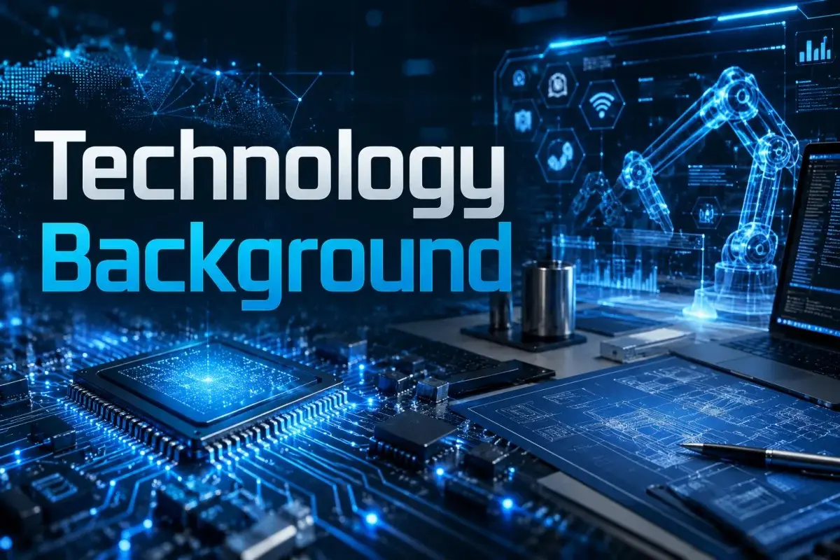 Futuristic Technology Background featuring glowing microchip circuits holographic interfaces and digital engineering workspace in neon blue and silver tones representing innovation and modern technology trends.