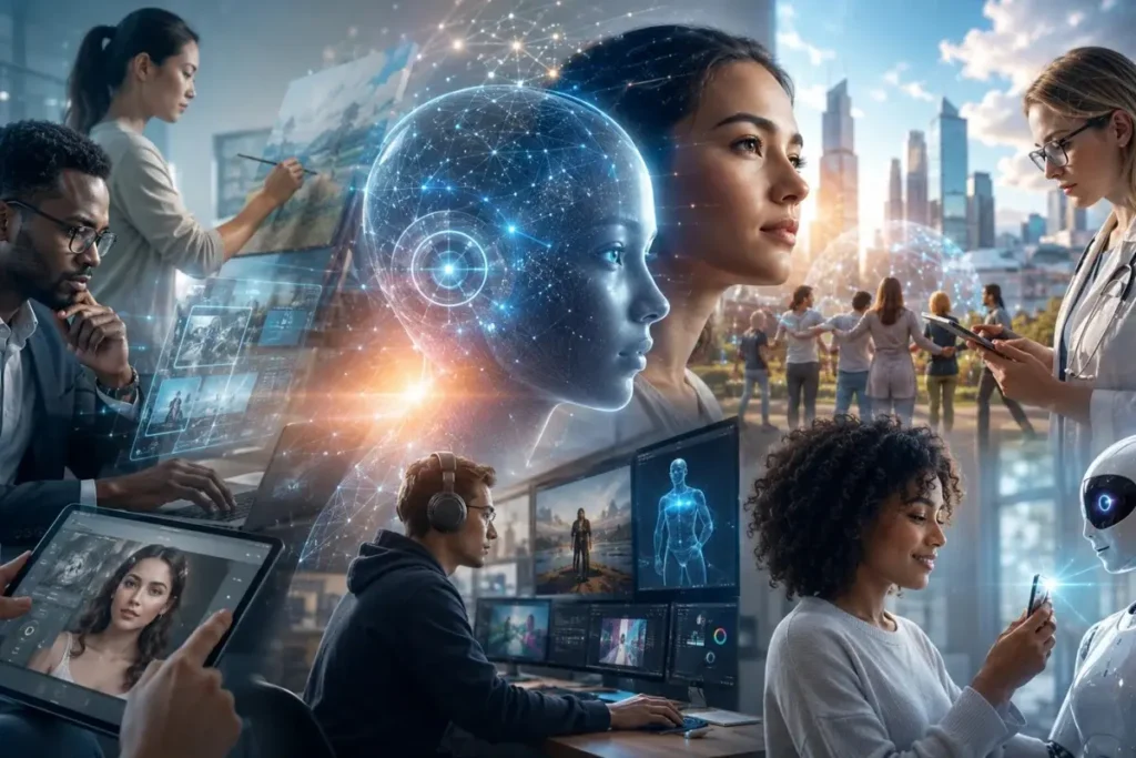 AI People collaborating with advanced AI technology, holographic interfaces, digital creativity tools, robotics, and smart workplaces to transform creativity, work, and everyday life.