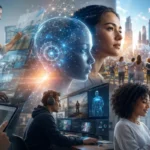 AI People collaborating with advanced AI technology, holographic interfaces, digital creativity tools, robotics, and smart workplaces to transform creativity, work, and everyday life.