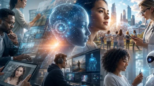 AI People collaborating with advanced AI technology, holographic interfaces, digital creativity tools, robotics, and smart workplaces to transform creativity, work, and everyday life.