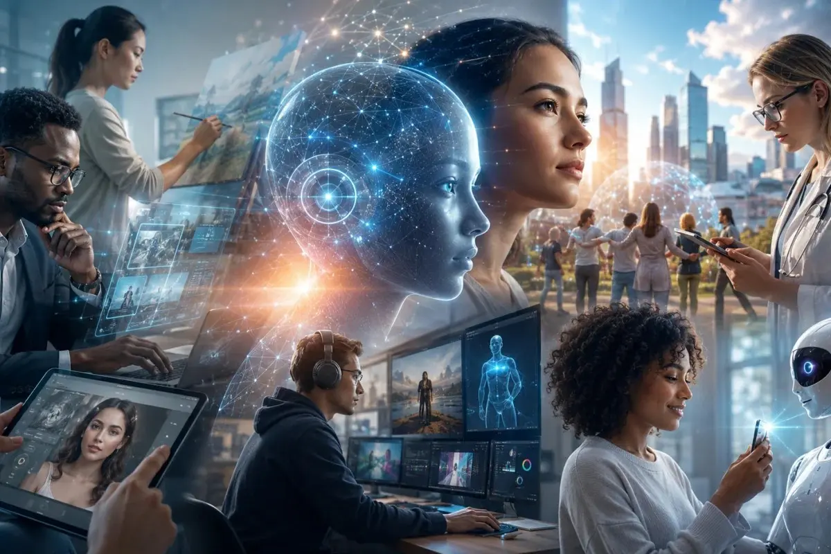 AI People collaborating with advanced AI technology, holographic interfaces, digital creativity tools, robotics, and smart workplaces to transform creativity, work, and everyday life.