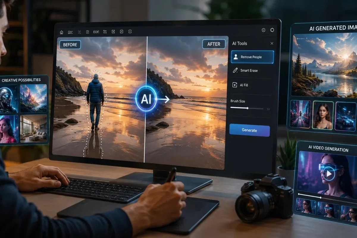 Professional using an AI-powered photo editor to remove a person from an image with advanced digital editing tools, showcasing AI image generation, intelligent object removal, and modern creative technology.