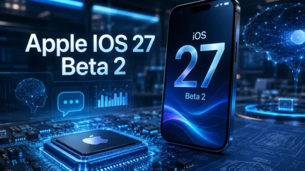 Apple iOS 27 Beta 2 concept illustration showing an iPhone displaying iOS 27 Beta 2, an advanced Apple processor, AI-driven technology graphics, digital analytics dashboards, neural network visualization, and futuristic software engineering elements representing performance, intelligence, and next-generation mobile innovation.