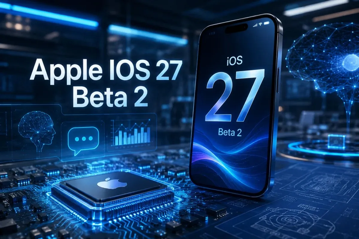 Apple iOS 27 Beta 2 concept illustration showing an iPhone displaying iOS 27 Beta 2, an advanced Apple processor, AI-driven technology graphics, digital analytics dashboards, neural network visualization, and futuristic software engineering elements representing performance, intelligence, and next-generation mobile innovation.