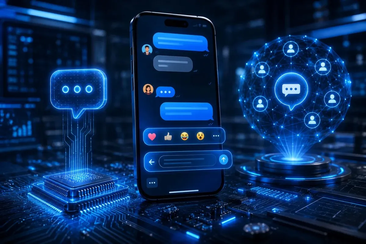 Apple iOS 27 Beta 2 concept illustration featuring an iPhone with modern messaging interfaces, AI-powered chat capabilities, smart reactions, connected user networks, digital communication technology, and futuristic mobile innovation elements representing next-generation messaging experiences.