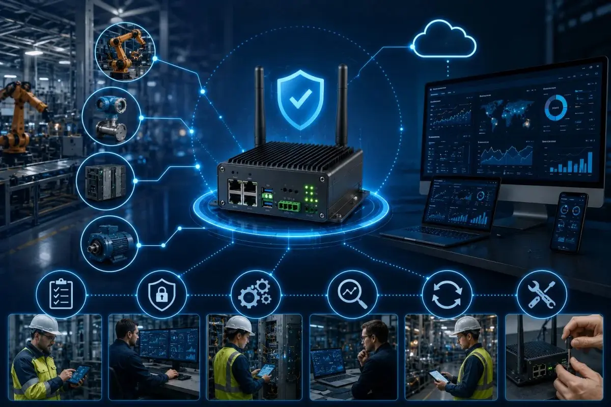 Industrial IoT gateway connected to factory equipment, sensors, cloud platforms, and monitoring dashboards, illustrating best practices for IoT gateway deployment, security management, performance monitoring, predictive maintenance, and remote device administration.