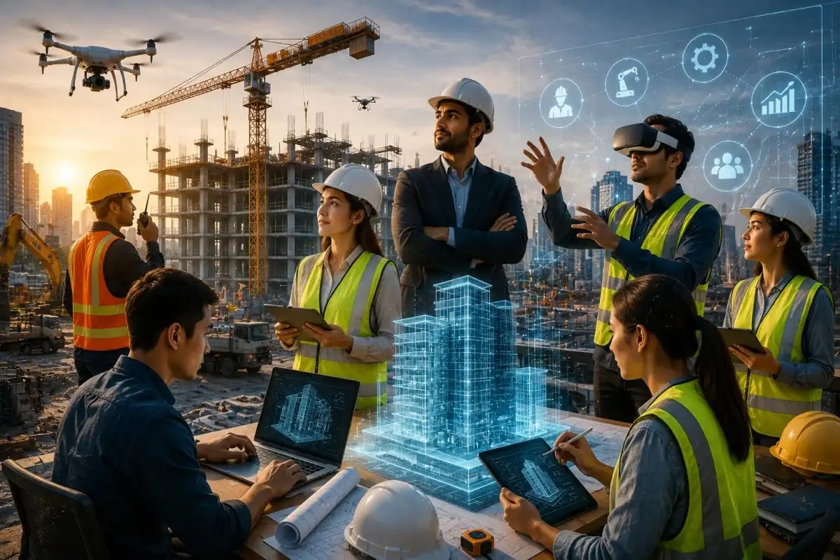 Construction-technology professionals collaborating on a smart construction site using digital engineering tools, BIM software, drones, data analytics, and advanced technology representing modern construction careers and salary opportunities.