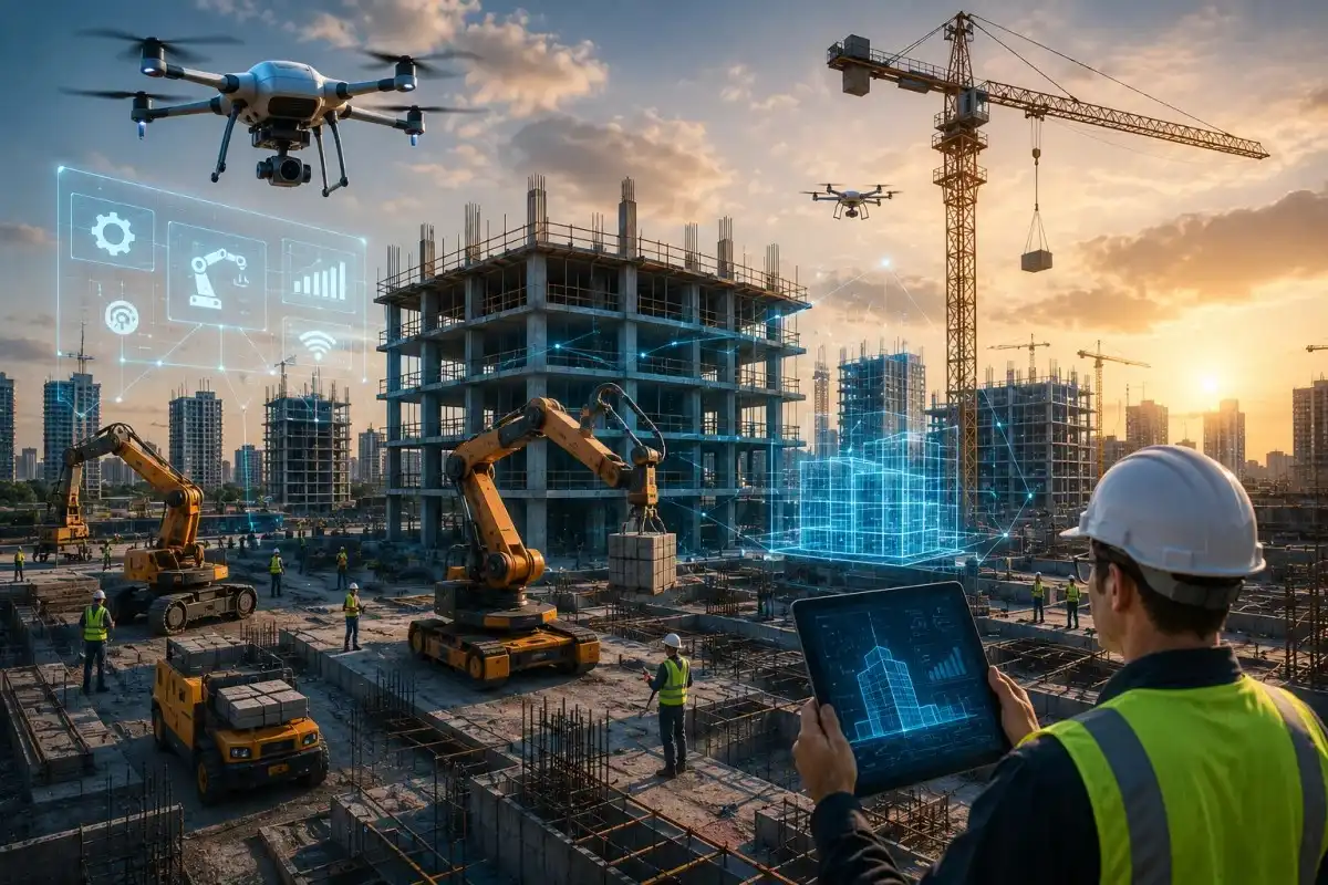 Construction-technology scene featuring robotic machinery, drones, digital building visualization, smart automation systems, and AI-driven construction management at a modern building site.