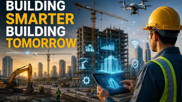 Construction-technology futuristic building site with smart engineering and digital tools showing BUILDING SMARTER BUILDING TOMORROW concept in modern construction industry scene.