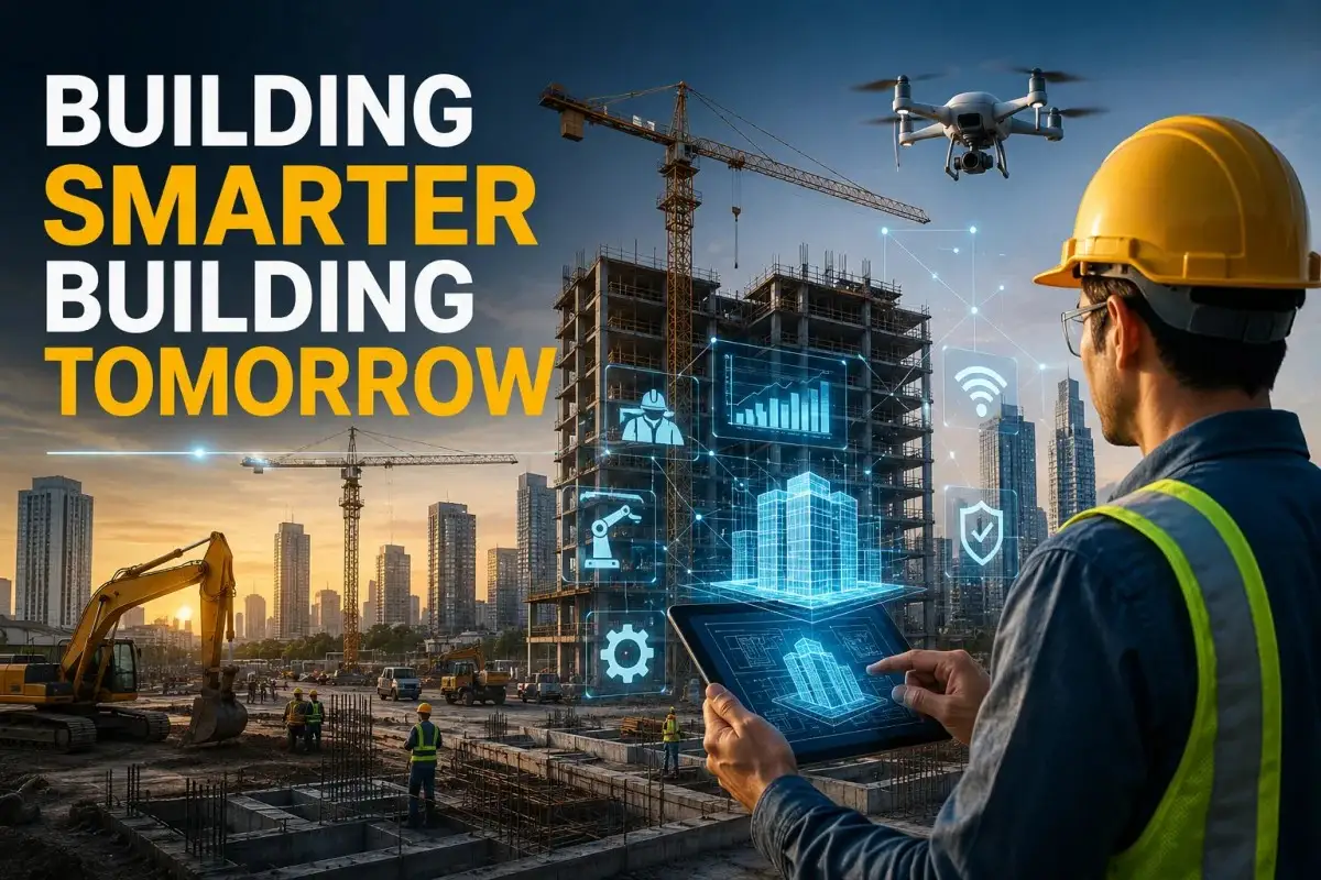 Construction-technology futuristic building site with smart engineering and digital tools showing BUILDING SMARTER BUILDING TOMORROW concept in modern construction industry scene.
