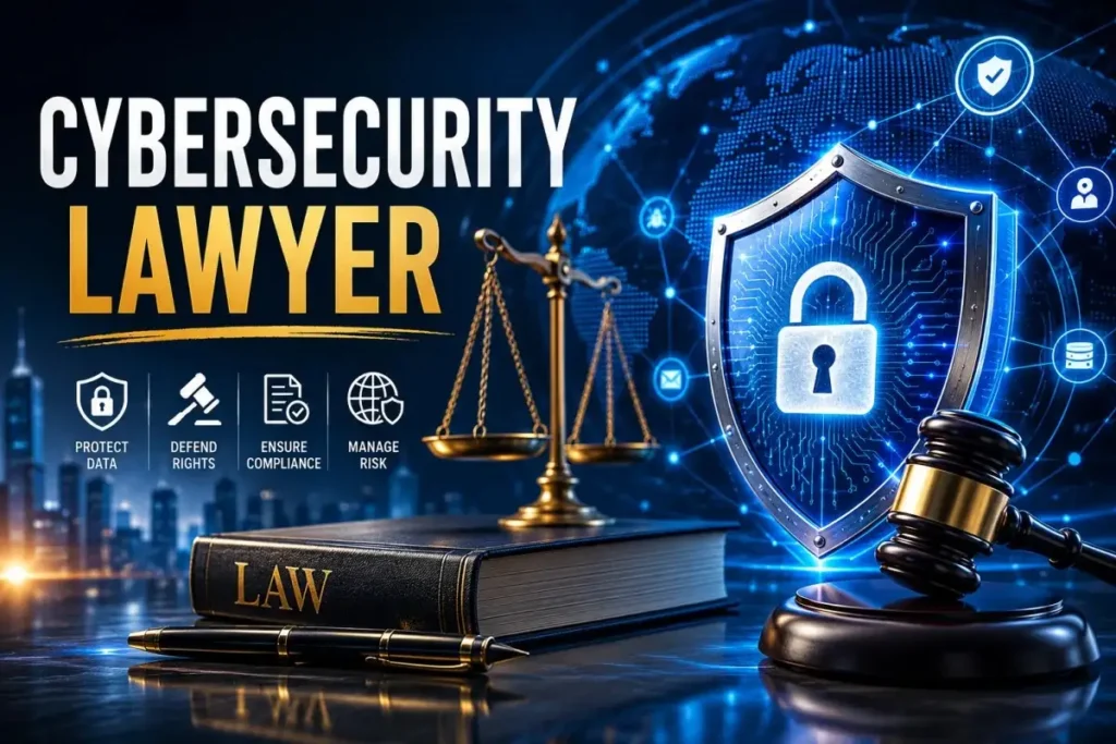 Cybersecurity lawyer concept featuring a digital security shield, legal gavel, scales of justice, and cyber protection technology representing legal defense against cyber threats, data breaches, and compliance risks.