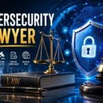 Cybersecurity lawyer concept featuring a digital security shield, legal gavel, scales of justice, and cyber protection technology representing legal defense against cyber threats, data breaches, and compliance risks.