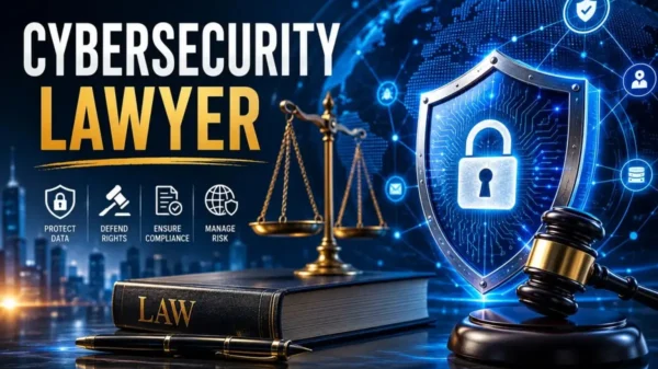 Cybersecurity lawyer concept featuring a digital security shield, legal gavel, scales of justice, and cyber protection technology representing legal defense against cyber threats, data breaches, and compliance risks.