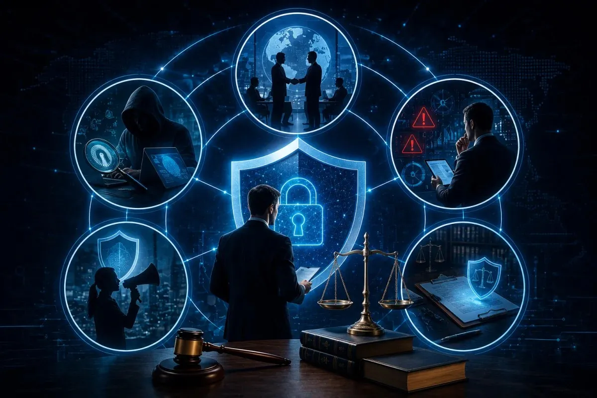 Creative cybersecurity lawyer illustration featuring a legal professional surrounded by interconnected cyber law specializations, including corporate cybersecurity, cyber fraud investigations, cyber risk management, whistleblower protection, and cybersecurity planning, with digital security shields, legal symbols, and a futuristic technology network background.