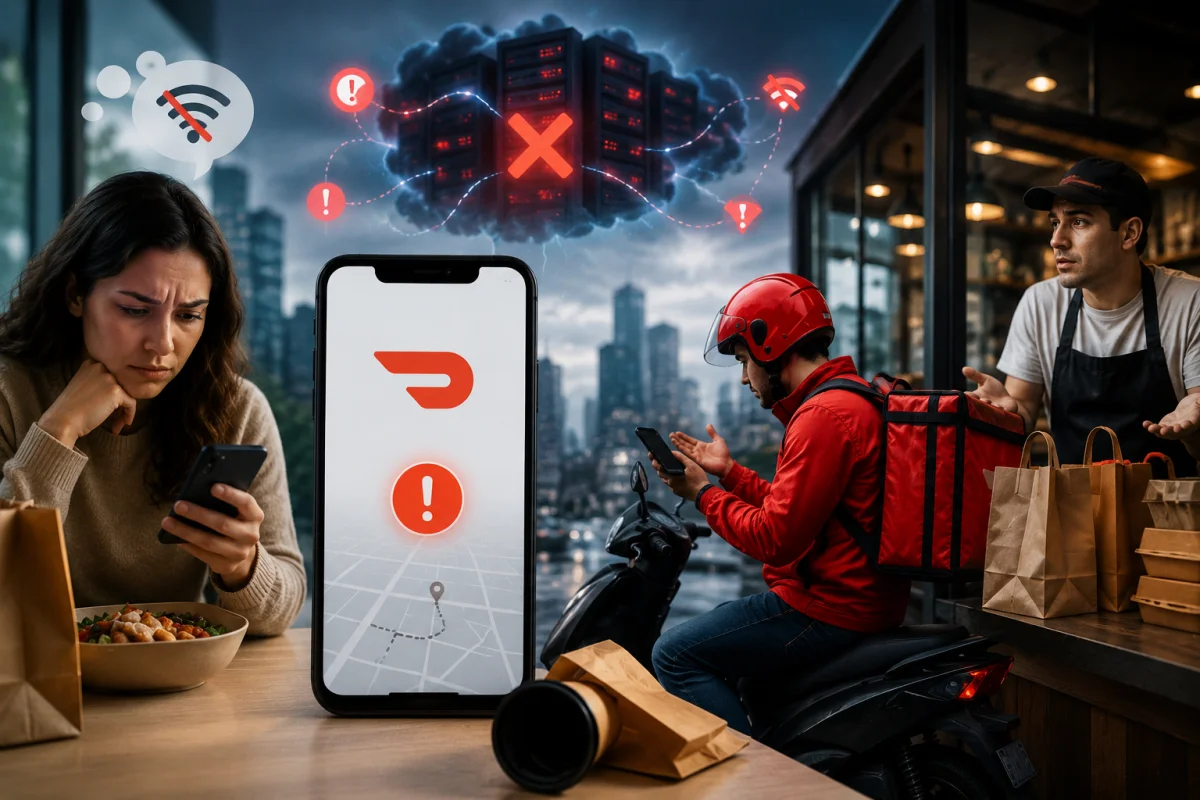 DoorDash down illustration showing customers drivers and restaurants affected by a food delivery service outage.