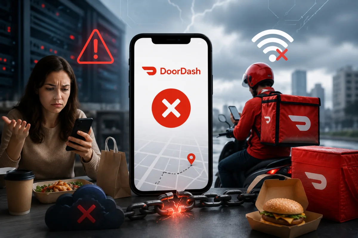 DoorDash down featured image showing a food delivery app outage affecting customers and delivery drivers.