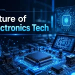 Electronic Engineering Technology futuristic banner showing advanced circuits microchips and digital networks with holographic interface and glowing neon blue tech environment for future electronics innovation.