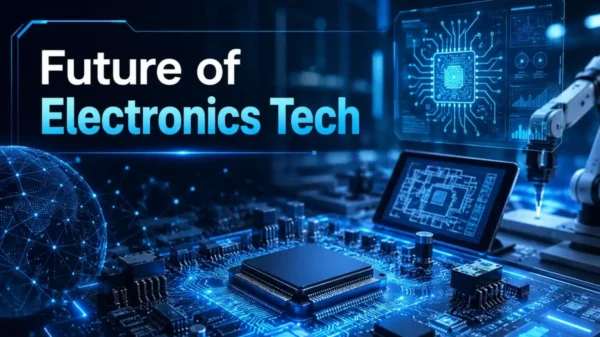 Electronic Engineering Technology futuristic banner showing advanced circuits microchips and digital networks with holographic interface and glowing neon blue tech environment for future electronics innovation.