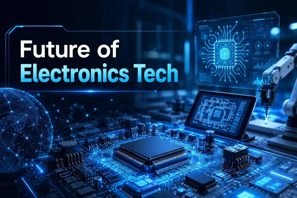 Electronic Engineering Technology futuristic banner showing advanced circuits microchips and digital networks with holographic interface and glowing neon blue tech environment for future electronics innovation.