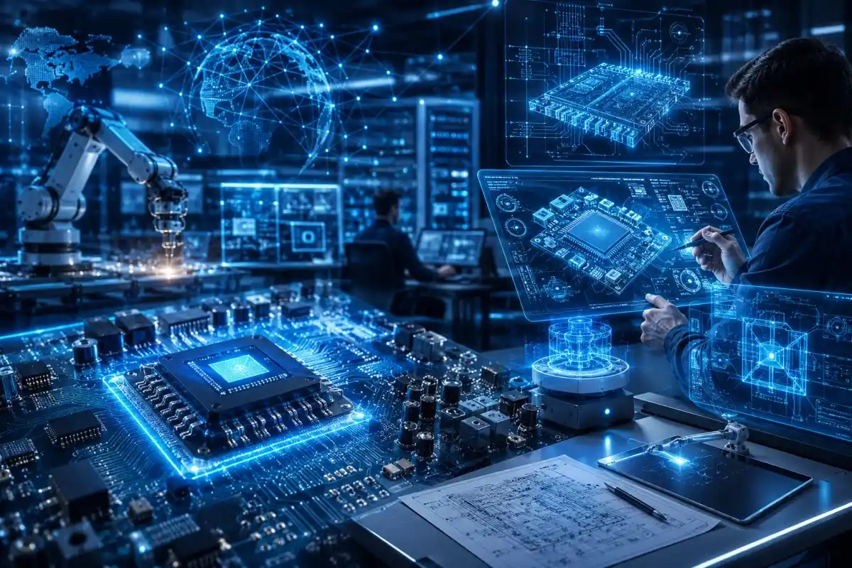 Electronics Engineering Technology concept featuring advanced electronic circuits, microchips, digital networks, holographic engineering interfaces, automation systems, and technical blueprints in a futuristic high-tech environment.
