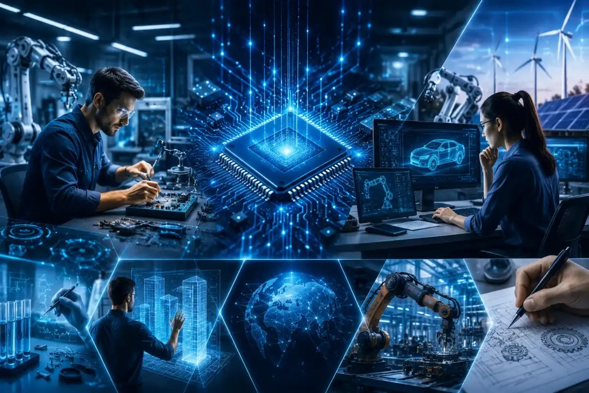 Futuristic Electronics Engineering Technology concept featuring glowing microchips, advanced circuit boards, robotics, digital networks, holographic engineering interfaces, and technical design workspaces in a modern high-tech environment.