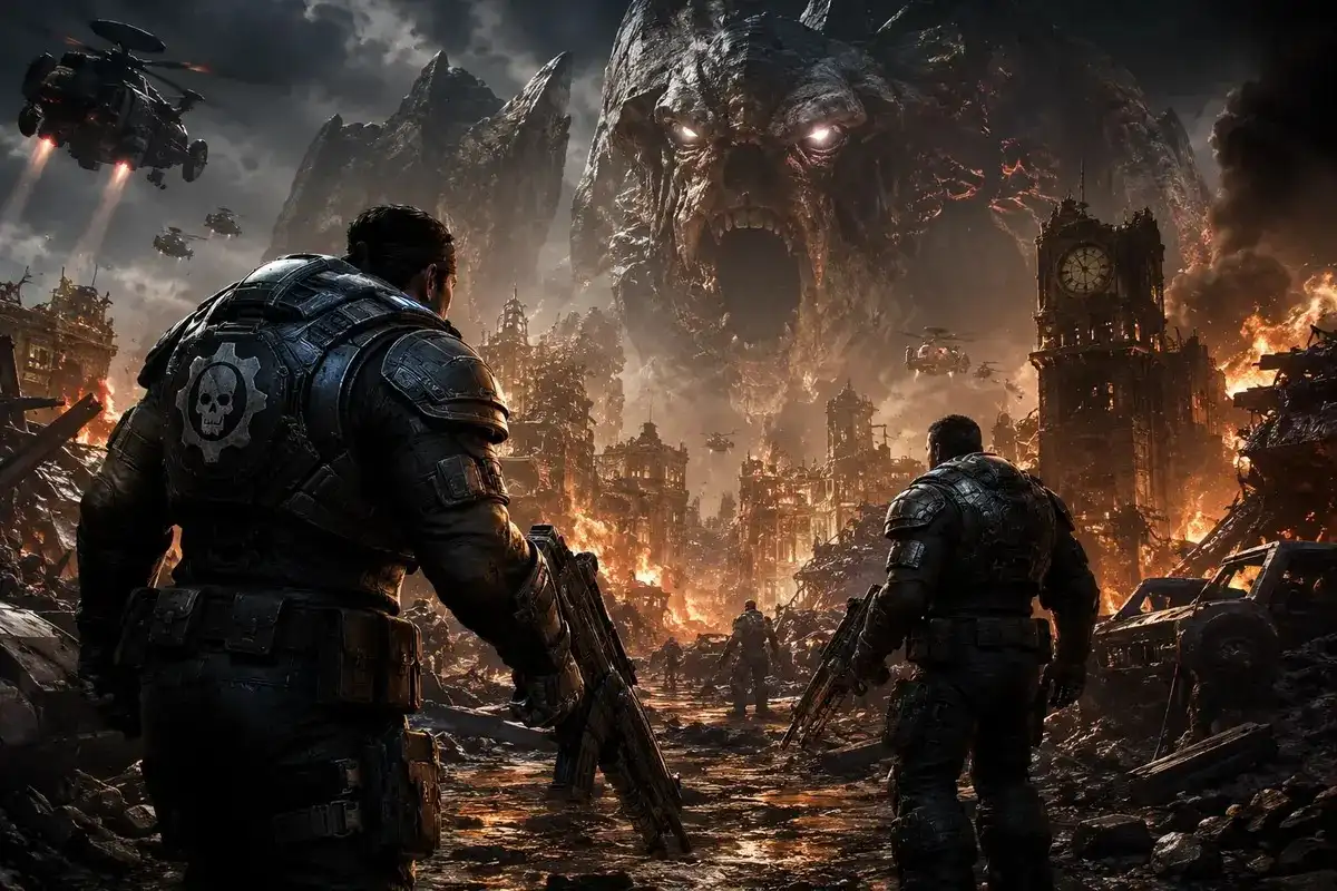 Gears of War E-Day featured image showing armored soldiers in a ruined city facing a massive Locust creature during the Emergence Day invasion.