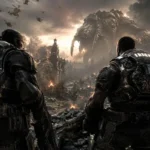 Gears of War E-Day image featuring two armored soldiers standing above a ruined city while a giant Locust monster approaches during the Emergence Day invasion.