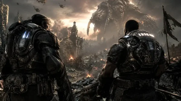 Gears of War E-Day image featuring two armored soldiers standing above a ruined city while a giant Locust monster approaches during the Emergence Day invasion.