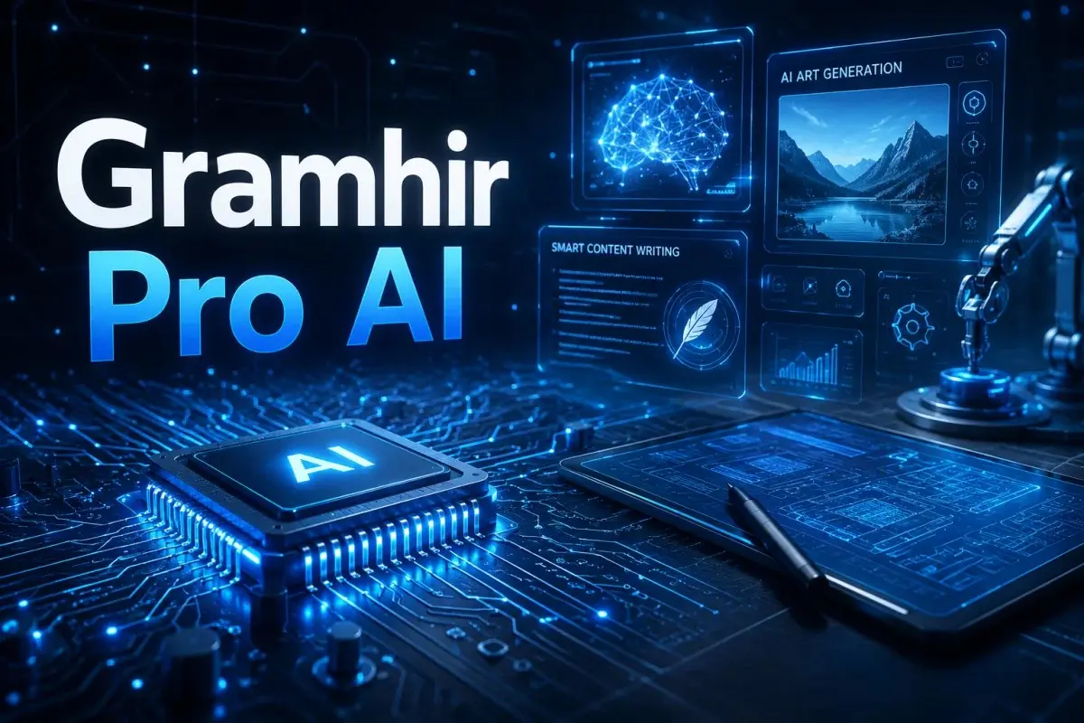 Gramhir Pro AI platform displaying AI art generation, smart content writing, machine learning dashboards, and digital automation tools.
