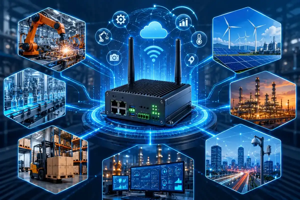 Industrial IoT gateway connecting smart factory equipment, logistics systems, energy infrastructure, industrial monitoring dashboards, and smart city networks through advanced real-time data communication and edge computing technology.