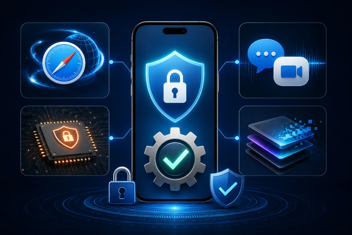 Illustration showing iOS 26.5.2 security fixes for WebKit Safari engine, kernel security, WebRTC communications, graphics frameworks, and memory handling.