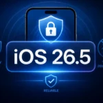 iOS 26.5 security update featuring a secure iPhone with digital shield representing enhanced protection against AI-powered cyber threats.