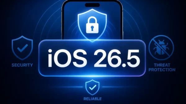 iOS 26.5 security update featuring a secure iPhone with digital shield representing enhanced protection against AI-powered cyber threats.