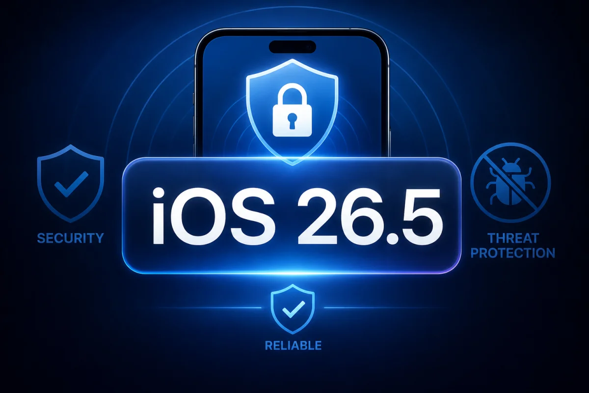 iOS 26.5 security update featuring a secure iPhone with digital shield representing enhanced protection against AI-powered cyber threats.