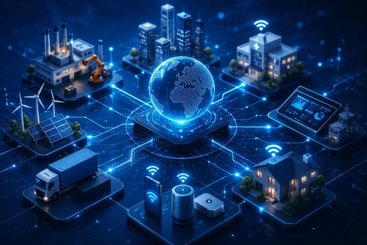 IoT developments connecting smart devices, industrial systems, healthcare infrastructure, logistics networks, renewable energy solutions, and intelligent applications through a centralized digital ecosystem.
