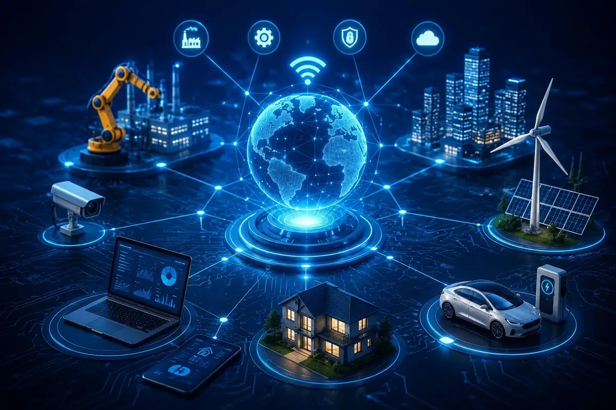 IoT developments enabling smart business operations through connected devices, cloud computing, automation, real-time data analytics, and intelligent technology solutions.