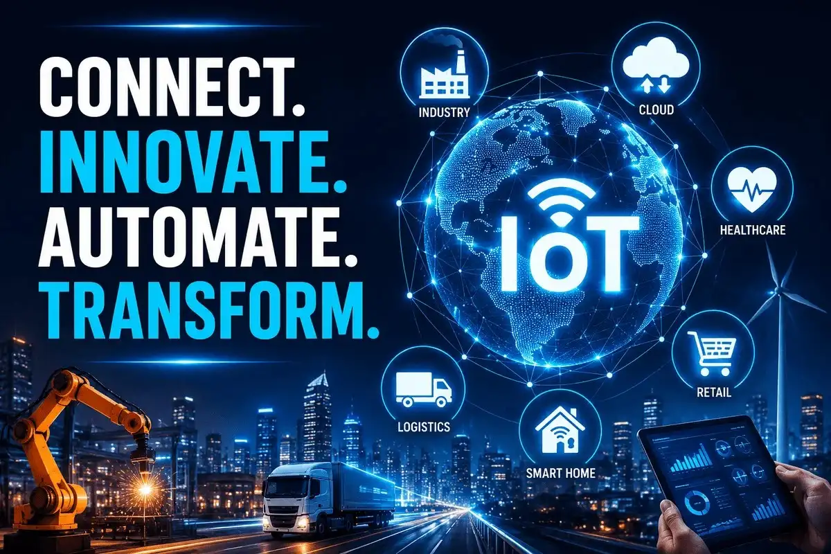IoT developments connecting smart devices, industries, cloud platforms, healthcare systems, logistics networks, and intelligent automation technologies.