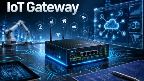 IoT gateway technology with advanced circuits, digital networks, holographic interfaces, and engineering blueprints representing modern connected systems and applications.