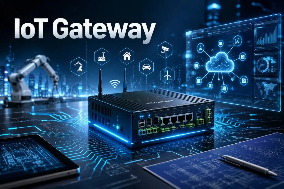 IoT gateway technology with advanced circuits, digital networks, holographic interfaces, and engineering blueprints representing modern connected systems and applications.