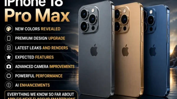 iPhone 18 Pro Max displayed in three premium colors with new design upgrades, latest leaks, camera improvements, AI features, and powerful performance highlights.