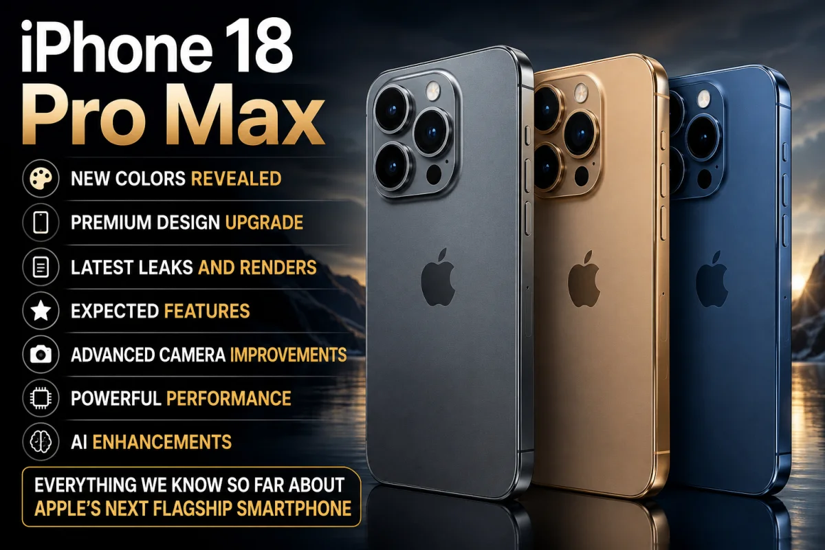iPhone 18 Pro Max displayed in three premium colors with new design upgrades, latest leaks, camera improvements, AI features, and powerful performance highlights.