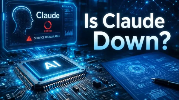 Is Claude down concept showing a futuristic AI chip, digital circuits, holographic status displays, network connections, and technology infrastructure during a service outage and recovery process.
