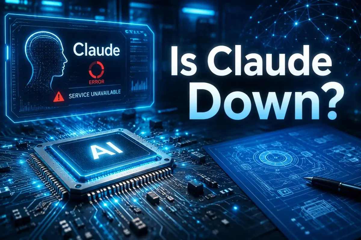 Is Claude down concept showing a futuristic AI chip, digital circuits, holographic status displays, network connections, and technology infrastructure during a service outage and recovery process.