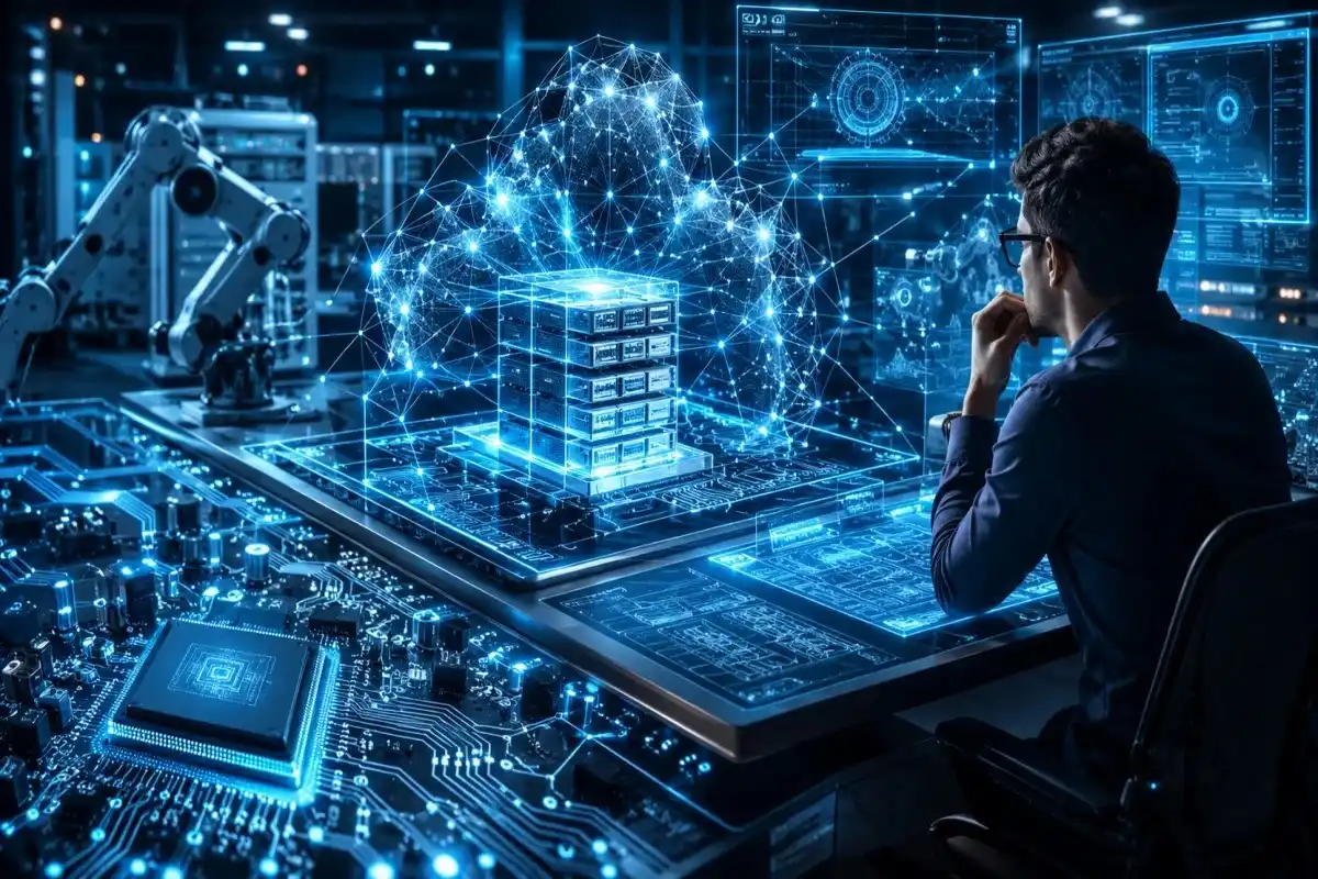 Futuristic cloud infrastructure dashboard with servers, microchips, digital networks, and holographic interfaces, depicting an engineer investigating whether is cloud down due to infrastructure and connectivity challenges.