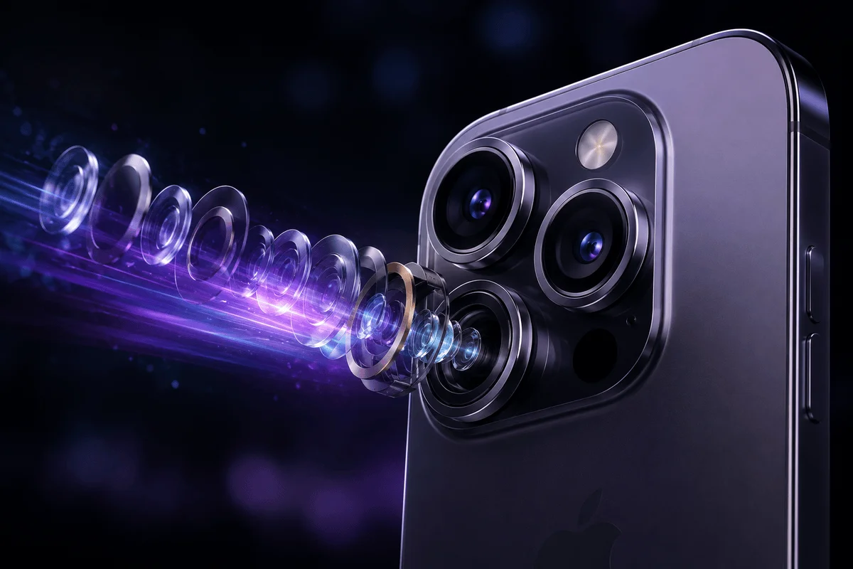 Latest iPhone Rumors image featuring a futuristic smartphone camera module with advanced lenses, improved optical technology, and next-generation mobile photography features.