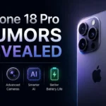 Latest iPhone Rumors featured image showing a futuristic iPhone 18 Pro concept with AI features, advanced cameras, under-display Face ID, and improved battery technology.