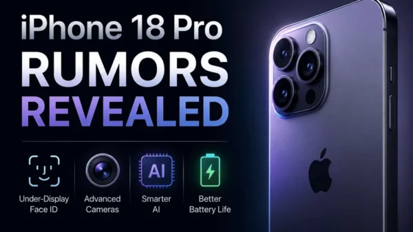 Latest iPhone Rumors featured image showing a futuristic iPhone 18 Pro concept with AI features, advanced cameras, under-display Face ID, and improved battery technology.