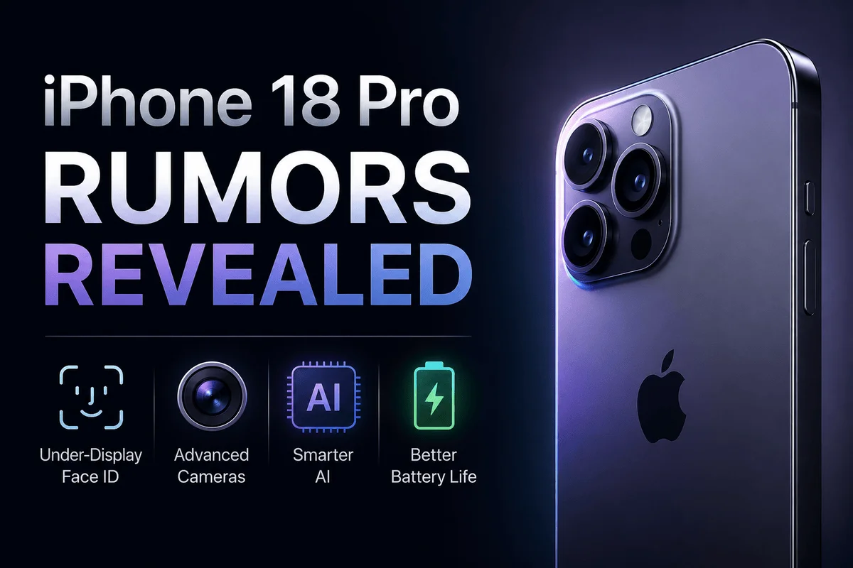Latest iPhone Rumors featured image showing a futuristic iPhone 18 Pro concept with AI features, advanced cameras, under-display Face ID, and improved battery technology.